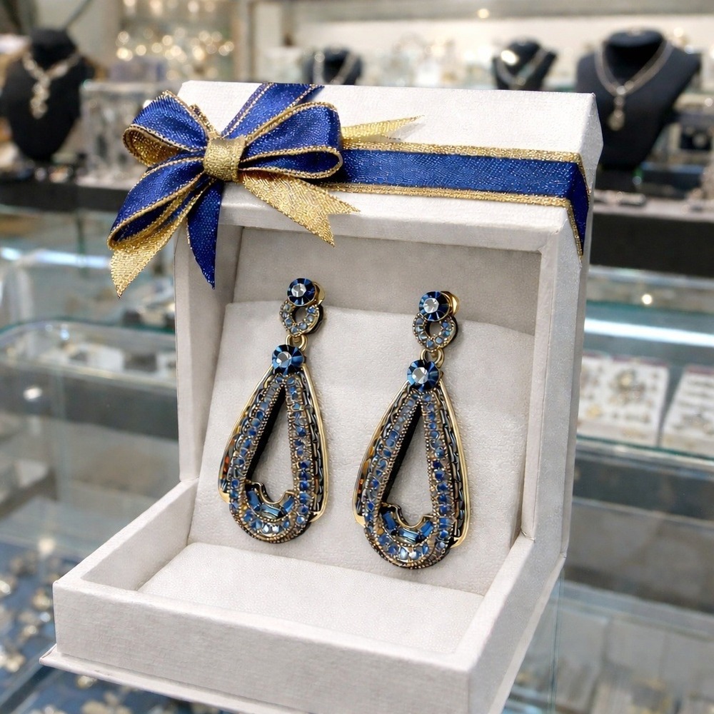 Vintage Style Blue Crystal Teardrop‎ Dangle Earrings Gold Tone Statement Jewelry